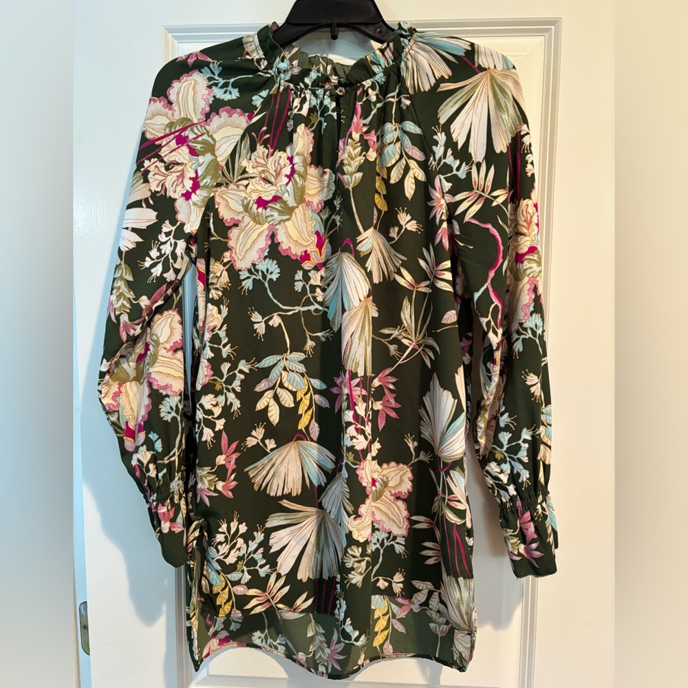 Kaari Blue Floral Blouse Medium Green Pink Boho Peasant Top Long Sleeve